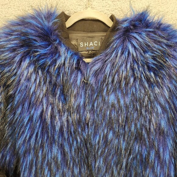 Shaci Blue Women's Size Medium Blue Black Faux Fur Monster Bomber Jacket - Picture 5 of 15